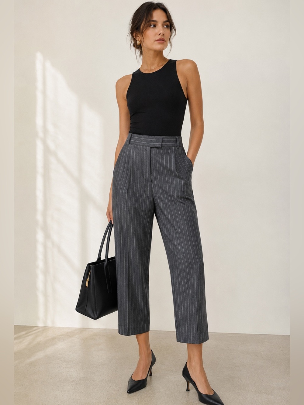 Jonathan Simkhai Pinstripe Cropped Split Hem Trousers - Charcoal & White size 4